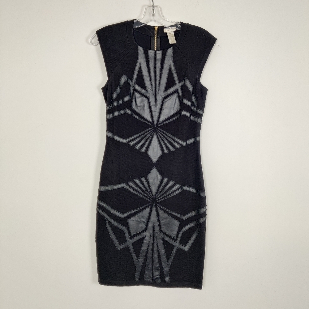 Cache Black Geometric Bodycon Dress Size 2 - Sleeveless, Embroidered, Goth